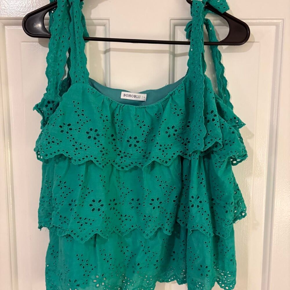 feminine BohoBlu Women's Tiered Eyelet Ruffle Tank Green summer festival - Picture 2 of 6